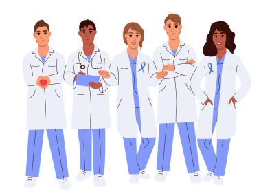 Çeşitli doktor karakterleri. Grup portresi, gülümseyen tıbbi ekip bir arada. Beyaz arkaplanda izole edilmiş vektör düz illüstrasyon