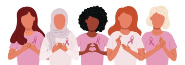 Meme Kanseri Farkındalığı Ayı. Farklı ırktan kadınlar ve göğüs üzerinde pembe kurdele olan destek sembolleri..