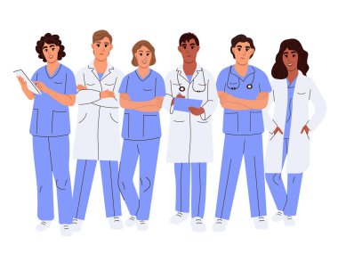 Çeşitli doktor karakterleri. Doktorlar ekibi, grup tıbbi portresi. Erkek ve kadın tıp çalışanları - doktorlar, doktorlar, sağlık görevlileri, beyaz arka planda izole edilmiş hemşireler.