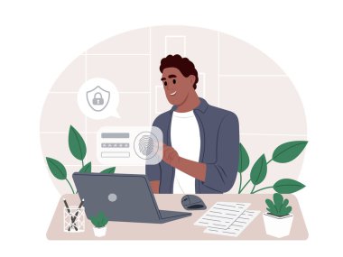 Kişisel bilgilere erişim güvenliği. Adam kişisel hesabına girmek için parmak izi girişi kullanıyor. Siber Güvenlik Bilinci Ayı. Vektör düz resimleme