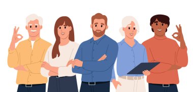 İş ekibi. Bir grup ofis çalışanı, meslektaşlar, çalışanlar, profesyoneller, çalışanlar. Düz biçimli vektör illüstrasyonu