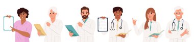Çeşitli doktor karakterleri. Çizgi film tarzında çizimler.