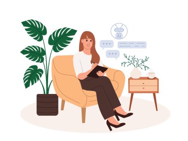 Yapay zeka teknolojisi, akıllı sohbet robotu. İş kadını, yapay zekanın yardımıyla iş görür..