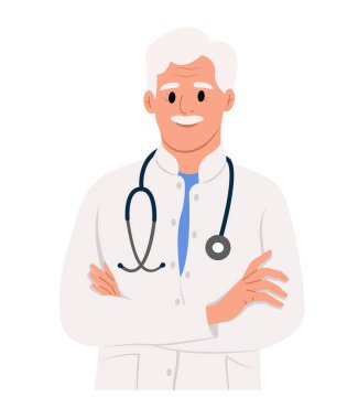 Ulusal Doktorlar Günü. Erkek doktor portresi. Gülümseyen terapist, kollarını kavuşturmuş pratisyen hekim. Steteskoplu bir erkek doktor. Tıbbi üniformalı pratisyen..