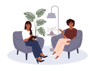 Psikoterapi gören biri. Psikolog, hastaların akıl sağlıklarıyla ilgileniyor. Düz biçimli vektör illüstrasyonu