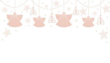 Asılan süsler, Noel meleği, kar taneleri, kolye. Kart ve afiş için Noel şablonu. Çizgi film tarzında vektör illüstrasyonu