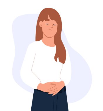 Person who holds his stomach, feels abdominal pain, suffers from gastritis, pancreatitis or diarrhea. clipart