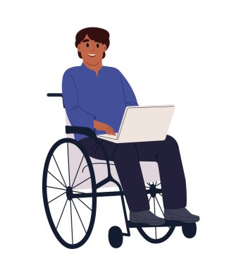 Tekerlekli sandalyede oturan ve dizüstü bilgisayarda çalışan engelli..