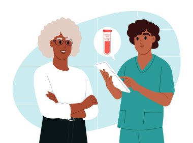 Sepsis Hayatta Kalma Haftası. Sepsis testi için kan örneği. Doktor Sepsis testi için kan örneği olan bir tüp inceliyor. Düz biçimli vektör illüstrasyonu