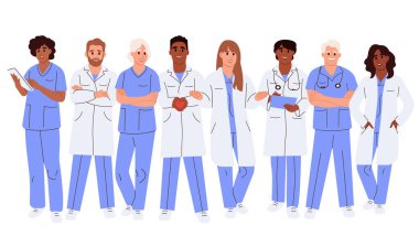 Dünya Sağlık Günü. Çeşitli doktor karakterleri. Doktorlar ekibi, grup tıbbi portresi. Erkek ve kadın tıp çalışanları - doktorlar, doktorlar, sağlık görevlileri, beyaz arka planda izole edilmiş hemşireler.