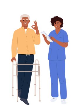 Sağlık kontrolü sırasında Walker ve hemşiresi olan kıdemli bir hasta.