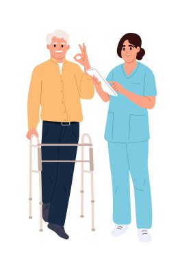 Sağlık kontrolü sırasında Walker ve hemşiresi olan kıdemli bir hasta. Tıbbi danışmanlık ve hasta desteği. Doktor yaşlı bir hastayla konuşuyor. Çizgi film tarzında çizimler.