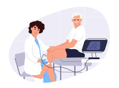 Phlebologist ya da vasküler cerrah yaşlı erkek hastaların bacaklarını ultrason muayenesi yapıyor. Varisli damarlar için tıbbi kontrol, venöz yetersizlik veya tromboz önleme. Modern klinikte profesyonel sağlık danışmanlığı.