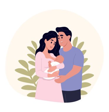 Yeni doğmuş bebeği kucağında tutan mutlu genç ebeveynler. Bebekli sevgi dolu bir aile. Anne ve baba yeni yürümeye başlamış. Ebeveynlik ve aile bakımı kavramı.