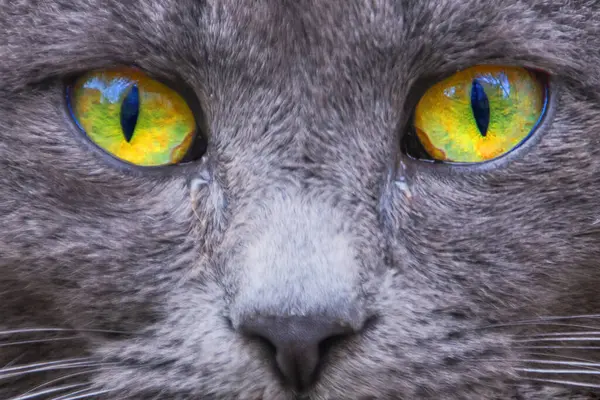 Green-yellow eyes of an ash cat close-up