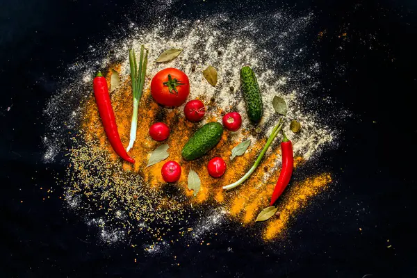 Grønnsaker Med Krydder Svart Bakgrunn Nærbilde – stockfoto