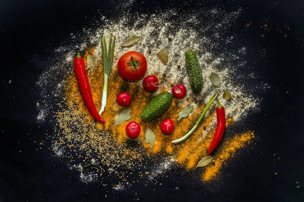 Vegetables Spices Black Background — Stock Photo, Image