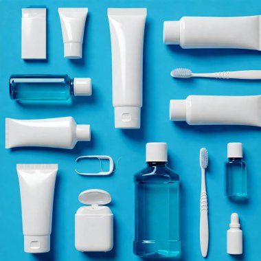 mavi arka planda kozmetik ürünleri şişeleri ve sabun ile düz konum, üst görünüm