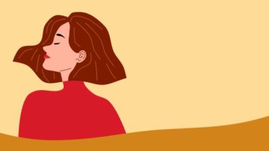 Güzel bir karikatür kadın, dalgalı saçlar, soyut bir arka plan animasyonu.