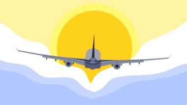 Parlayan güneş çizimlerinden önce hareket eden bulutların üzerinde uçan uçak