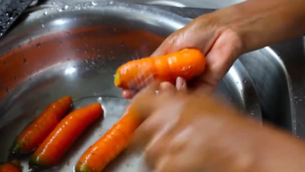Mãos Femininas Limpeza Cenoura Vegetal Com Faca Água Bacia Cozinha — Vídeo de Stock