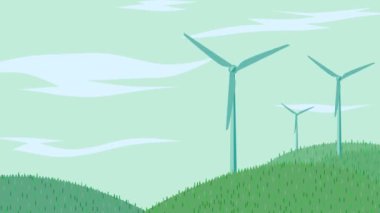 Bu, dönen rüzgar türbininin yeşil tepelerde, döngüde yenilenebilir temiz enerjisinin stok hareketli grafik videosu..