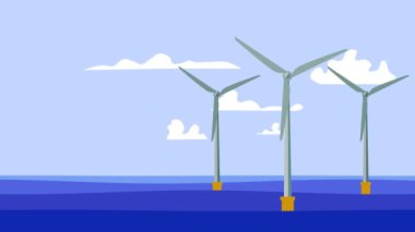 Bu, dönen rüzgar türbininin deniz suyu arka planındaki yenilenebilir temiz enerjinin döngü içindeki stok hareketli grafik videosu..