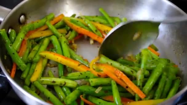 Video Shot Cooking Stirring String Beans Cut Carrot Spoon Fry — Stock Video