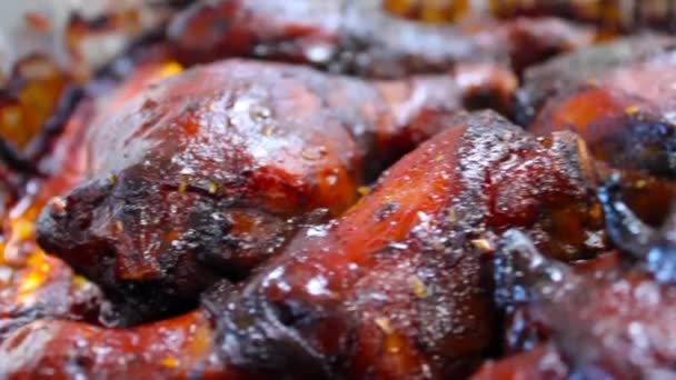 Video Shot Delicious Oven Baked Barbecue Chicken Food Close — Stock Video