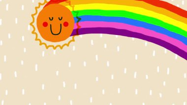 Kıvrımlı bir elin hareketli grafik animasyonu. Döngü üzerine gülümseyen güneş gökkuşağı arkaplanı.