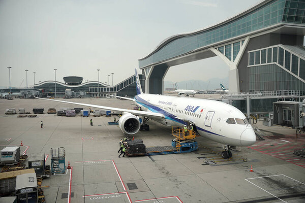 Hong Kong, China - October 4, 2024: All Nippon Airways or ANA Airlines aircraft prepare for departure at Hong Kong International Airport.