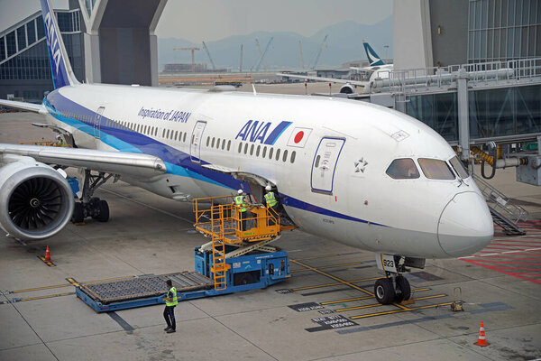 Hong Kong, China - October 4, 2024: All Nippon Airways or ANA Airlines aircraft prepare for departure at Hong Kong International Airport.