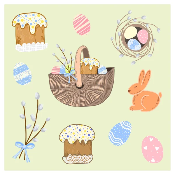 Vector Set Elements Easter Easter Basket Rabbit Eggs Willow Branches — Stock Vector
