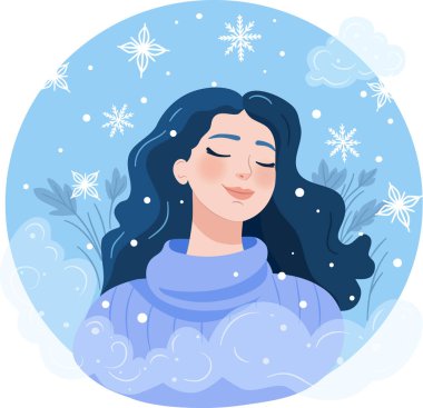 Samimi örgü kazaklı bir kız karın tadını çıkarıyor. Kış havası. Merhaba Winter. Çizgi film Biçiminde Vektör İllüstrasyonu.
