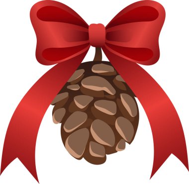 Parlak kırmızı kurdeleli bir çam kozalağının yakın çekimi Noel 'i, kış tatillerini ve kırsal mevsimsel dekorasyonu simgeliyor..