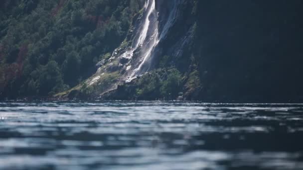 Famous Geiranger Fjord Seven Sisters Waterfall Background High Quality Footage — Stock Video