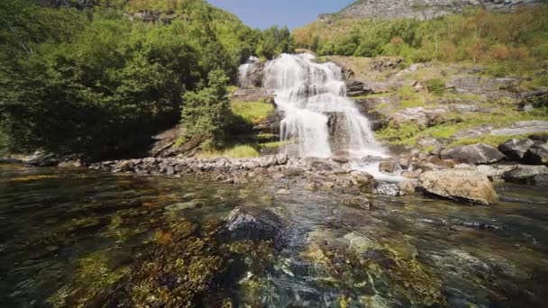 Shot Fjord Sun Flares Dance Underwater Rocks Waterfalls Cascade High — Stock Video