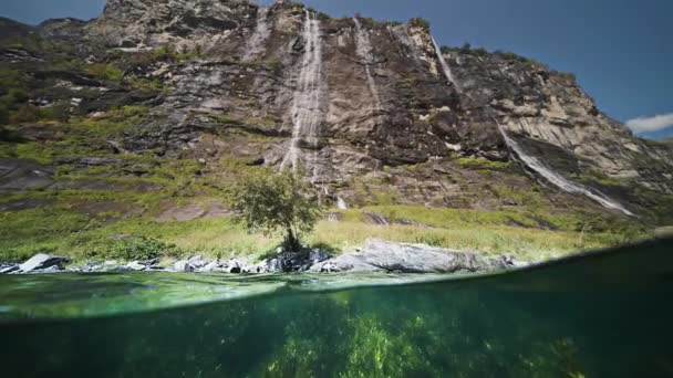 フィヨルドのオーバーアンダーシュート 太陽のフレアは雑草で覆われた底で踊る 岩の多い海岸から滝が流れ落ちる 高品質4K映像 — ストック動画