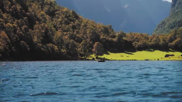 Ett Par Kanoten Korsar Fjorden Höga Skogstäckta Bergstorn Ovanför Naeroy — Stockvideo