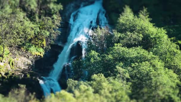 Przechylne Ujęcie Wodospadu Porośniętych Lasem Zielonych Klifach Fiordu Naeroy Zwolnione — Wideo stockowe