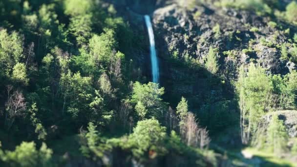 Egy Billenő Eltolásos Videó Vízesésről Ami Naeroy Fjord Feletti Erdővel — Stock videók