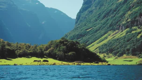 Les Hautes Montagnes Couvertes Forêts Surplombent Fjord Naeroy Une Petite — Video