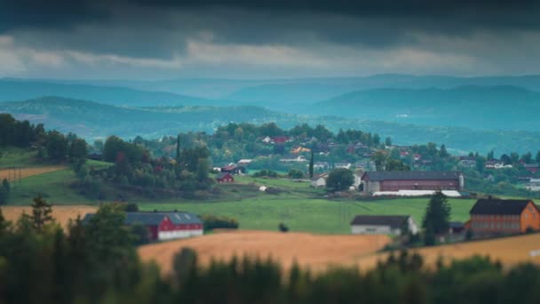 静かな農村ノルウェーの風景です 緑と黄色のフィールドに囲まれた農場や村 背景には森に覆われた丘 ティルトシフトビデオ 高品質4K映像 — ストック動画