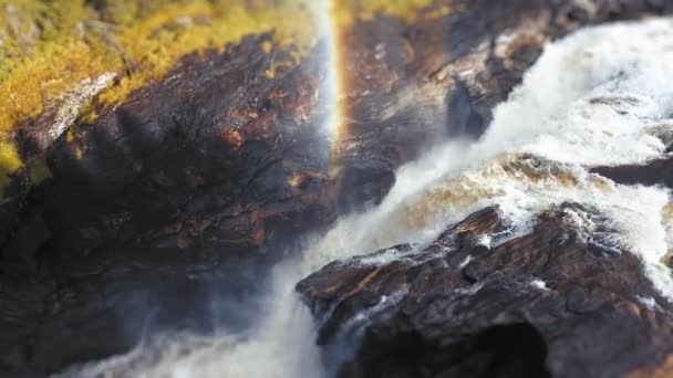 峡谷中瀑布的倾斜移位录像 水面上的彩虹围裙 空中风景 高质量的4K镜头 — 图库视频影像