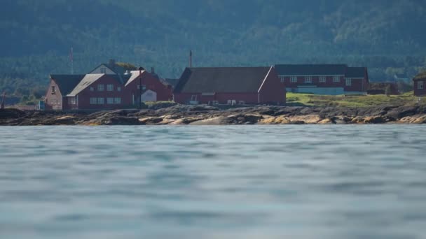 Solitary Coastal Village Shores Atlantic Slow Motion Pan Left High — Stockvideo