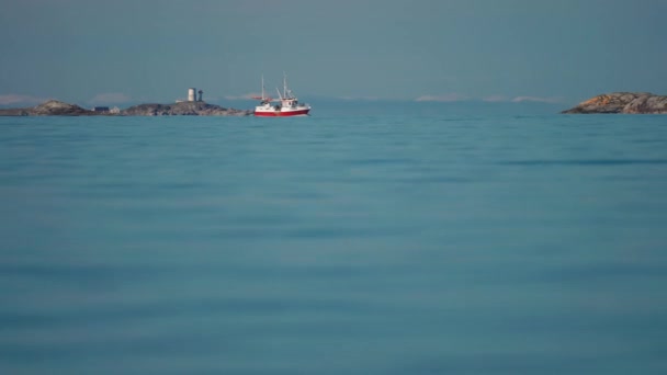 Tilt Shift Video Small Fishing Ship Moving Calm Fjord Water — Stok video
