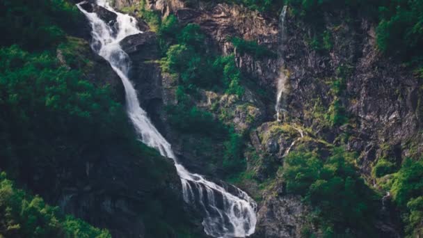 Tilt Shift Video Waterfall Naeroy Fjord Water Cascades Steep Cliffs — Stockvideo