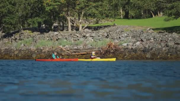 Two Kayakers Naeroyfjord Fjord Rocky Shores Trees Background Pan Follow — Video Stock