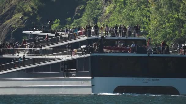 Modern Electric Future Fjords Ferry Naeroy Fjord Passengers Crowd Deck — Stock videók