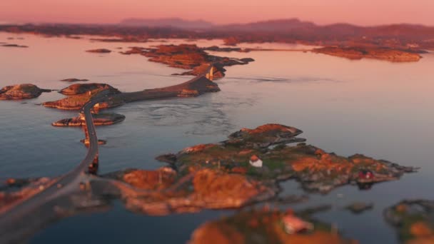 Aerial View Atlantic Ocean Road Sunset Mountains Blurry Background Slow — Stockvideo